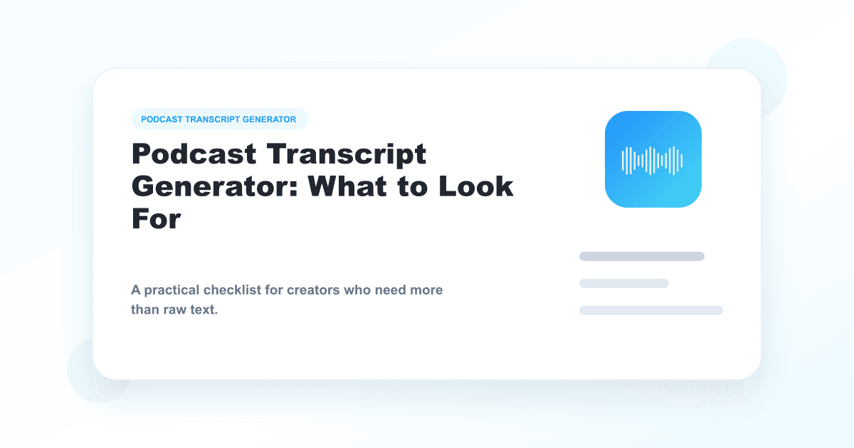 Podcast transcript generator guide with waveform and transcript layout